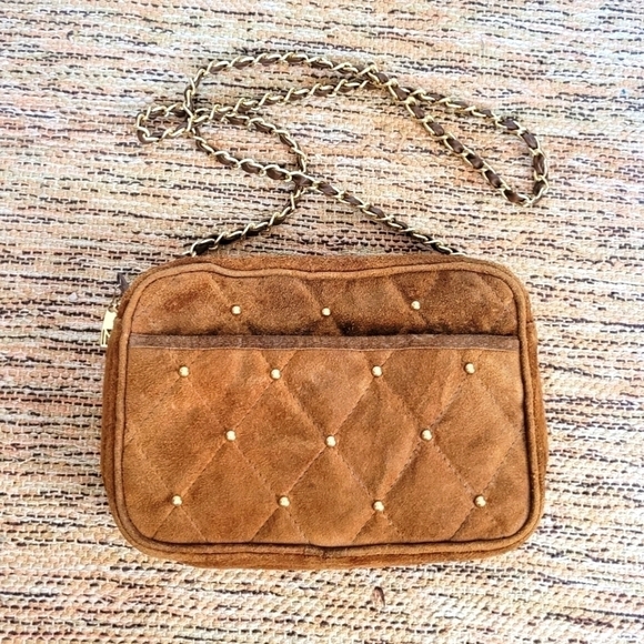 SUEDE Quilted Purse with Gold Chain Strap - Picture 1 of 6